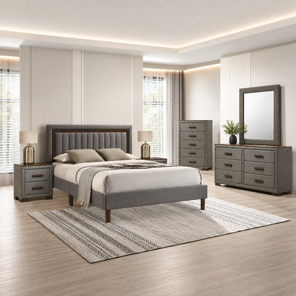 Modern Dark Grey Upholstered Platform Bedroom Set with Dylan Case Goods