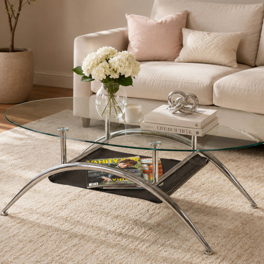 Oval Tempered Glass Coffee Table with Chrome Base & Lower Shelf