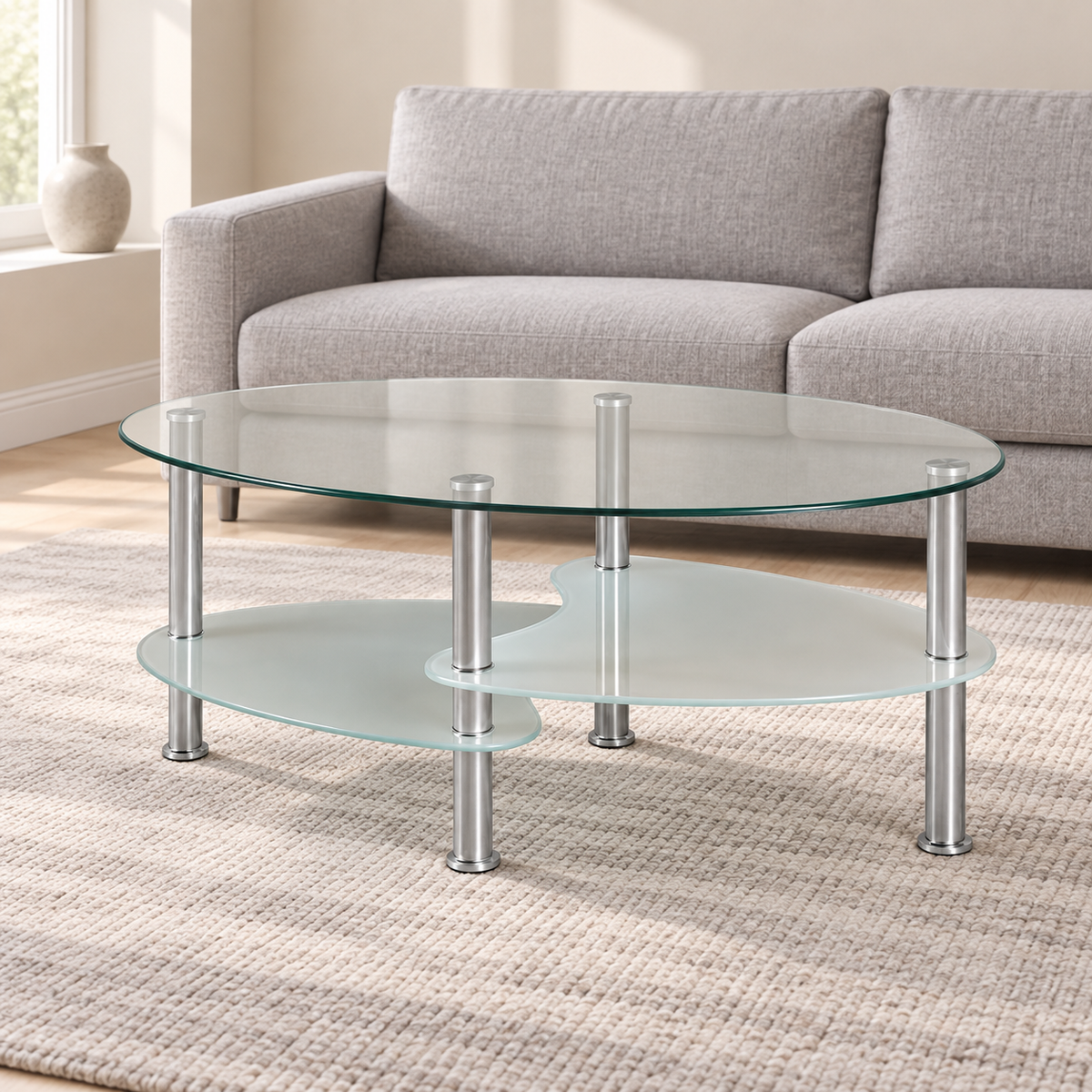 Clear & Frosted Glass Coffee Table with Chrome Legs