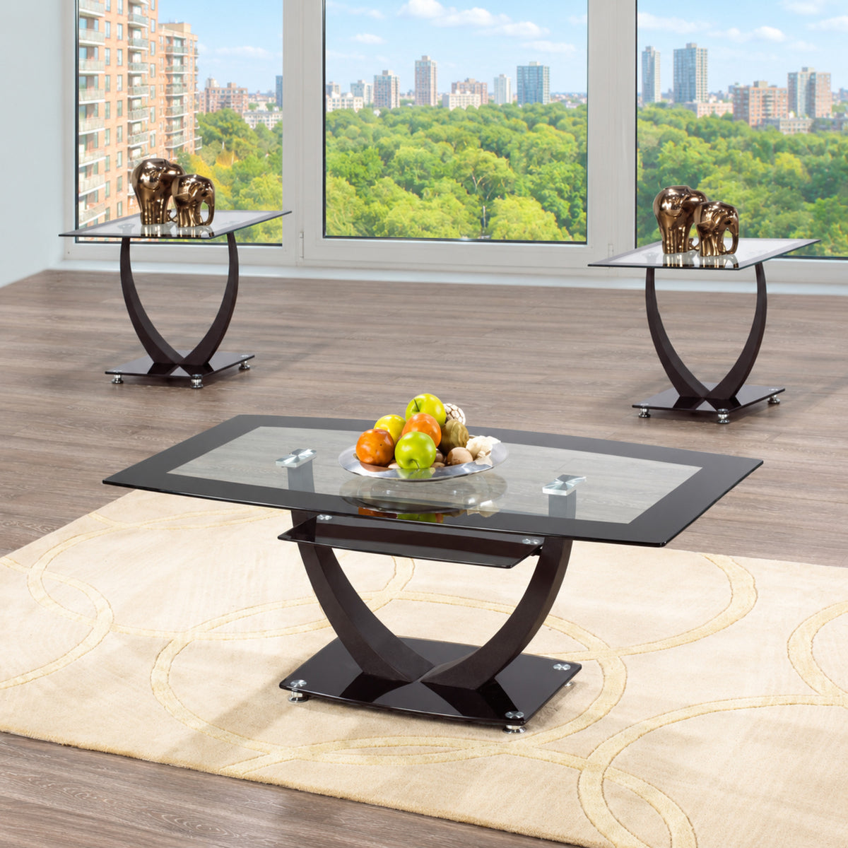 Black-Trim Tempered Glass 3-Piece Coffee & End Table Set — Complete 3-piece coffee and end table set