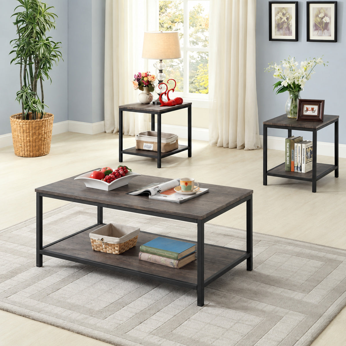 Distressed Wood 3-Piece Coffee & End Table Set with Metal Base — Complete 3-piece coffee and end table set