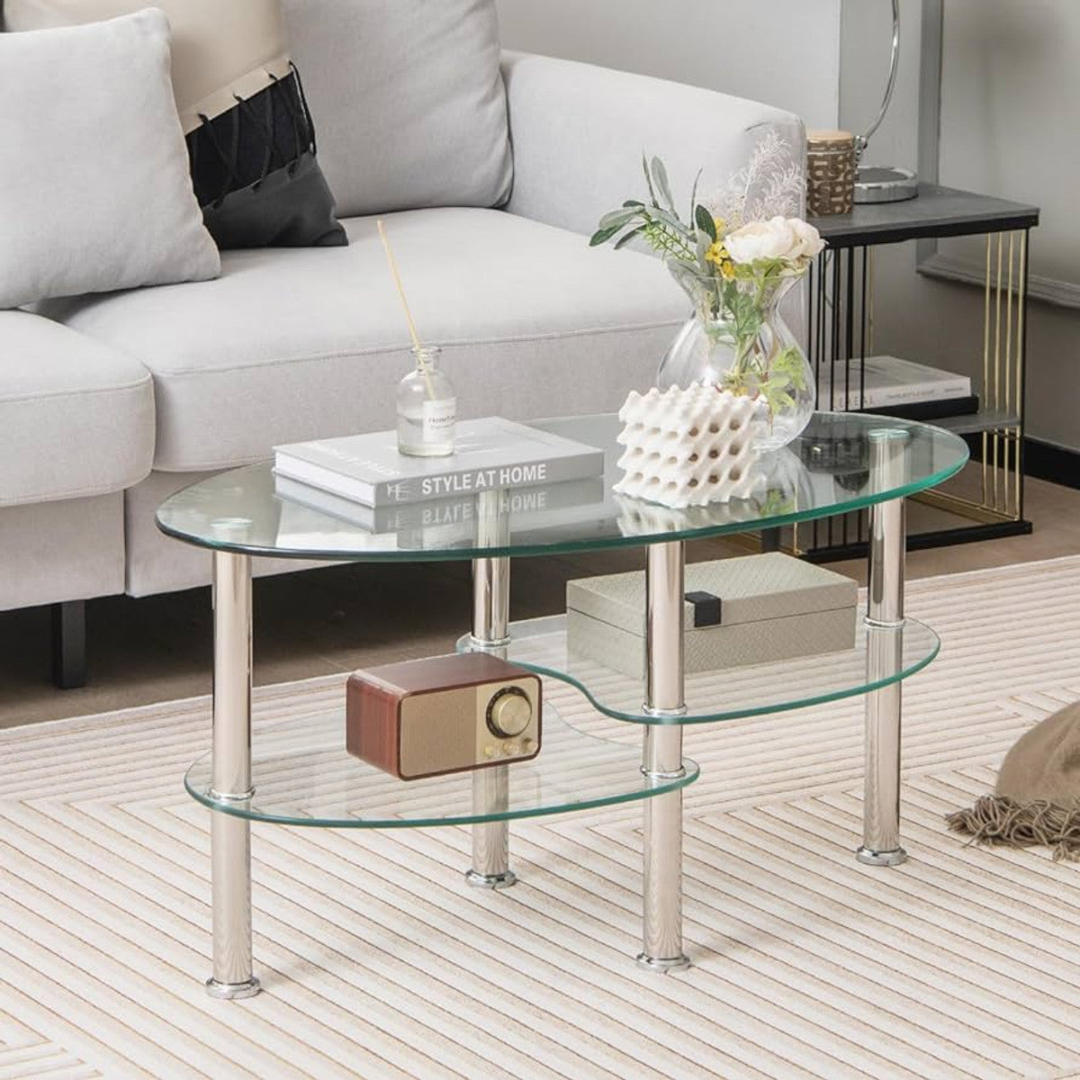 Clear Tempered Glass Coffee Table with Chrome Legs & Lower Shelf