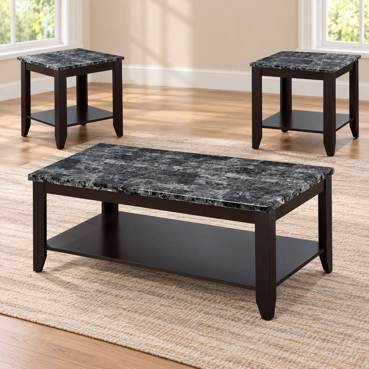Espresso 3-Piece Coffee & End Table Set with Faux Dark Marble Tops