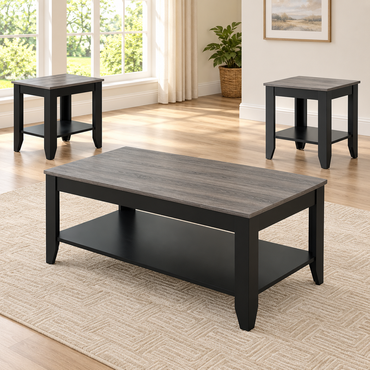 Espresso 3-Piece Coffee & End Table Set with Reclaimed Wood-Look Tops