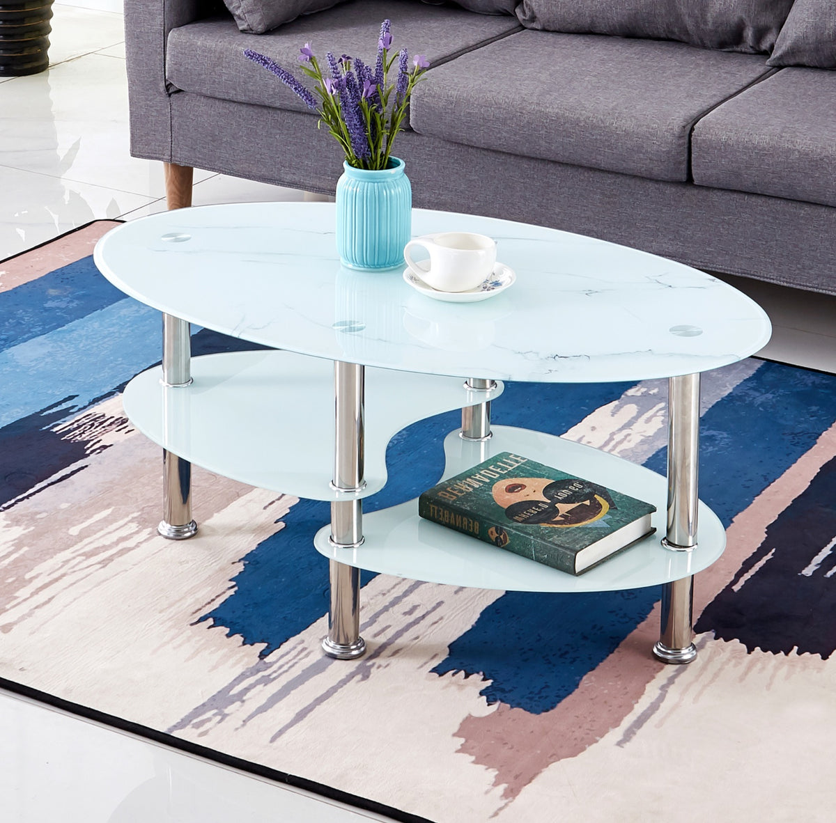 Marble-Look Glass Coffee Table with Chrome Legs