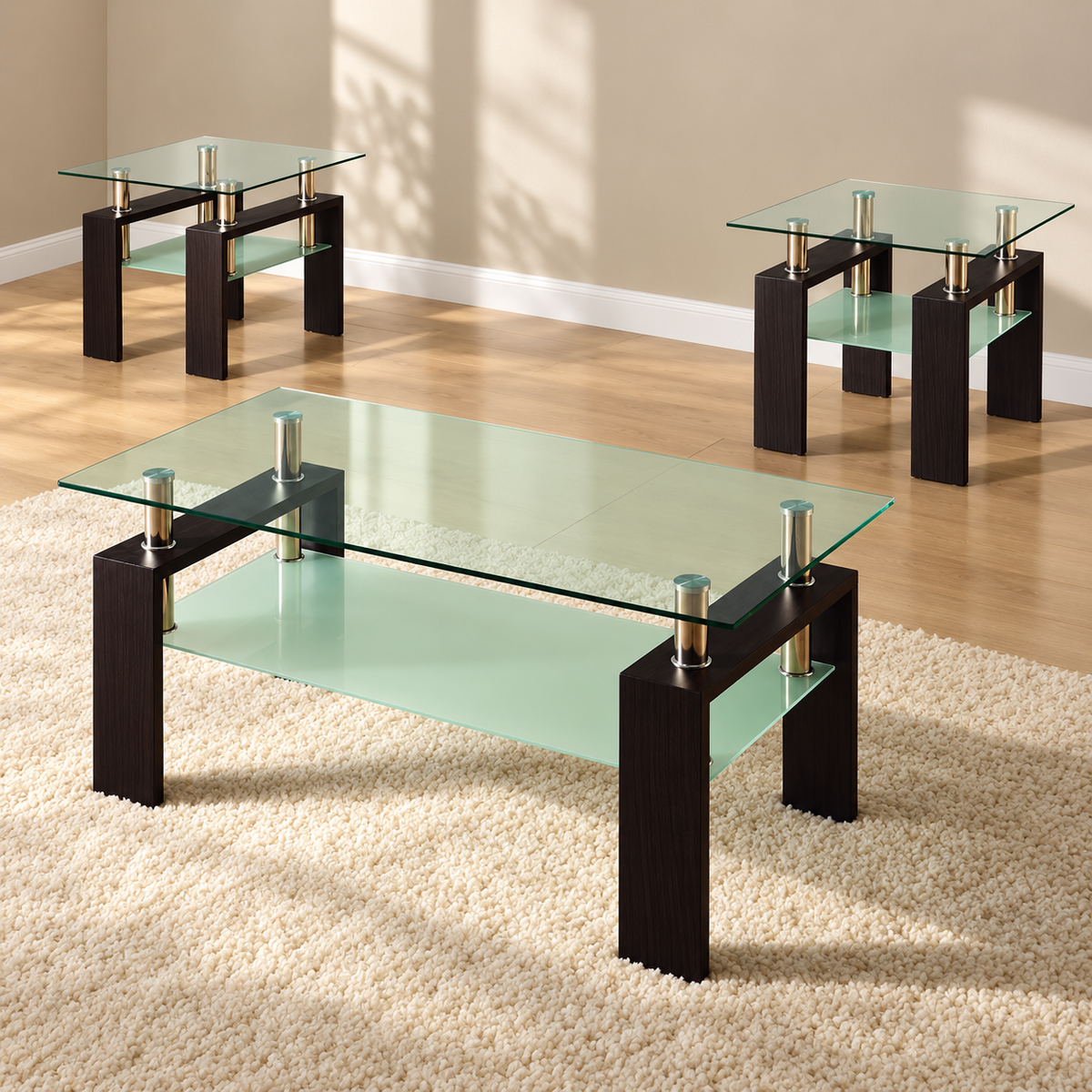 Clear & Frosted Tempered Glass 3-Piece Coffee & End Table Set