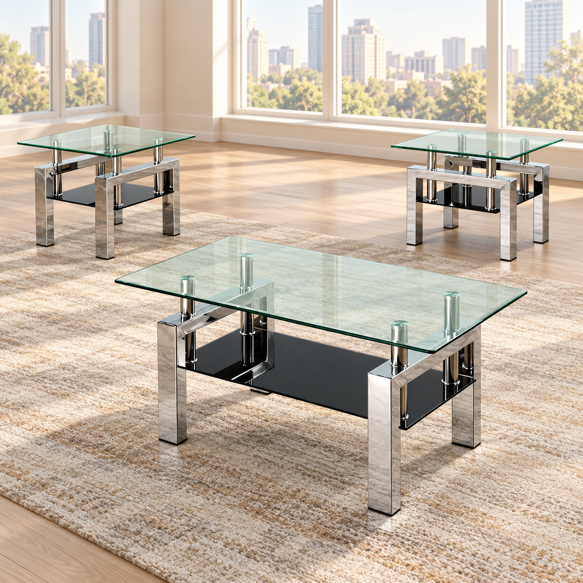 Clear & Black Tempered Glass 3-Piece Coffee & End Table Set