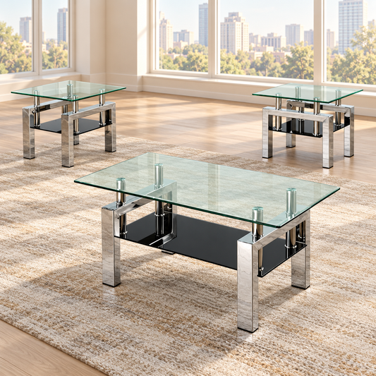 Clear & Black Tempered Glass 3-Piece Coffee & End Table Set