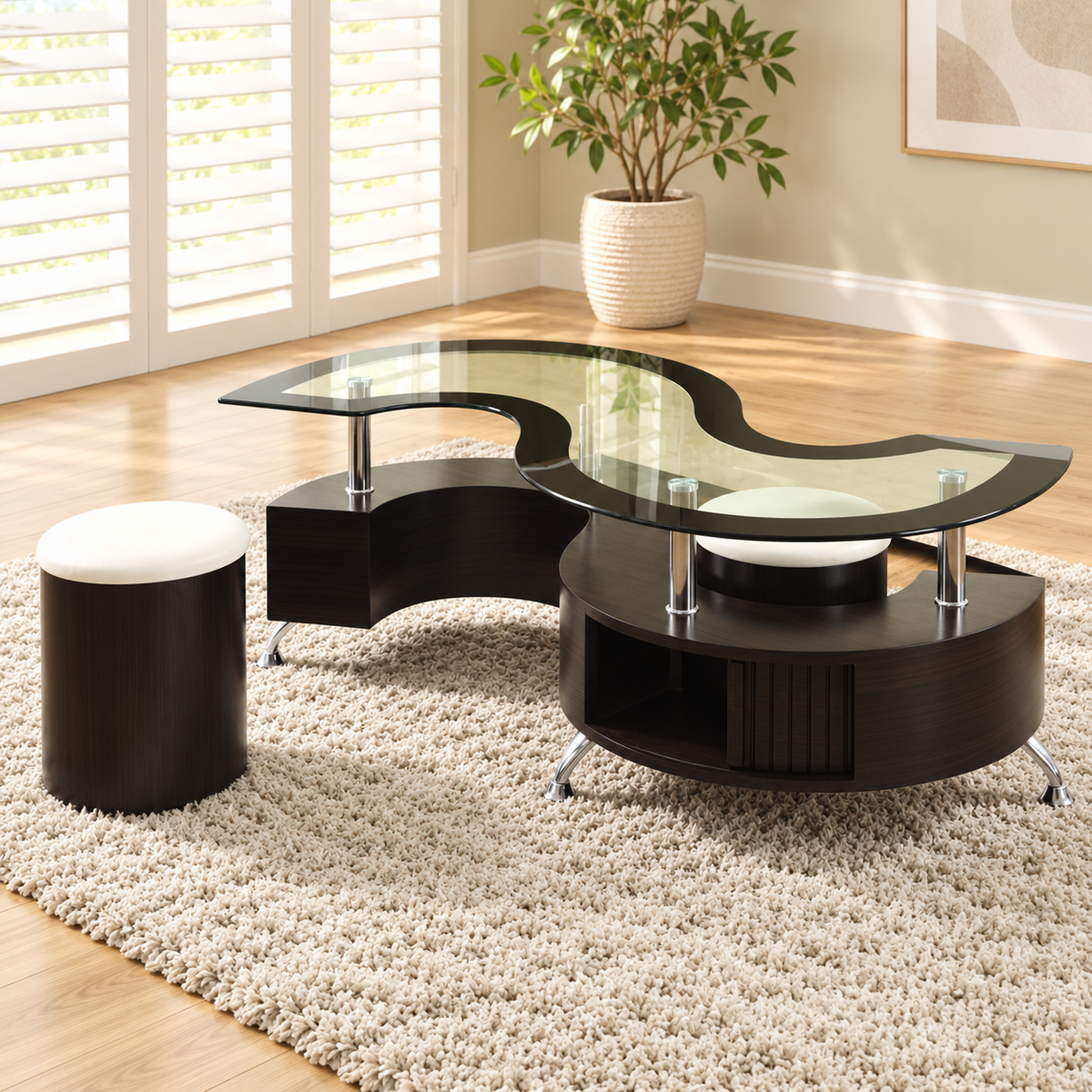 Tempered Glass Coffee Table with 2 Stools & Storage