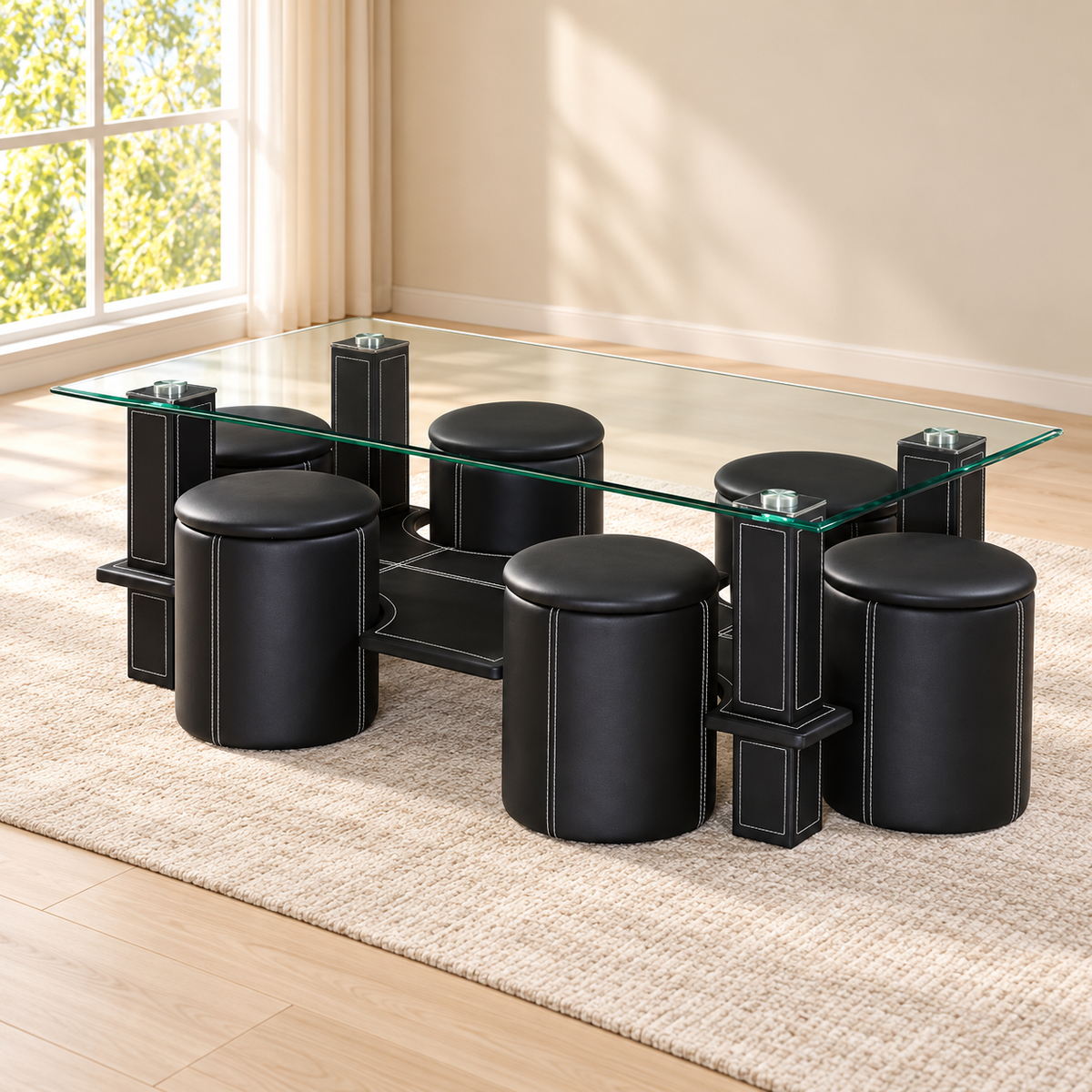 Black Tempered Glass Coffee Table Set with 6 Stools