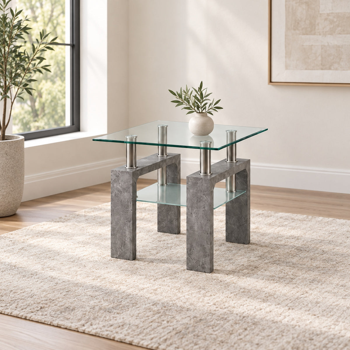 Grey faux marble End Table in a minimal living room