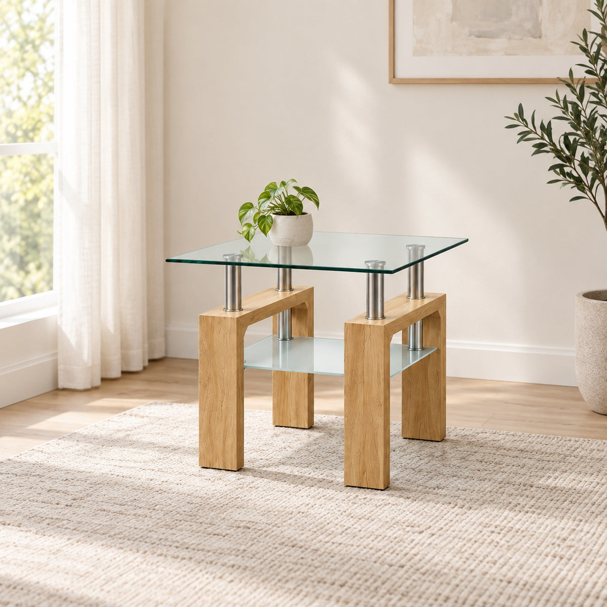 Light natural wood End Table in a minimal living room