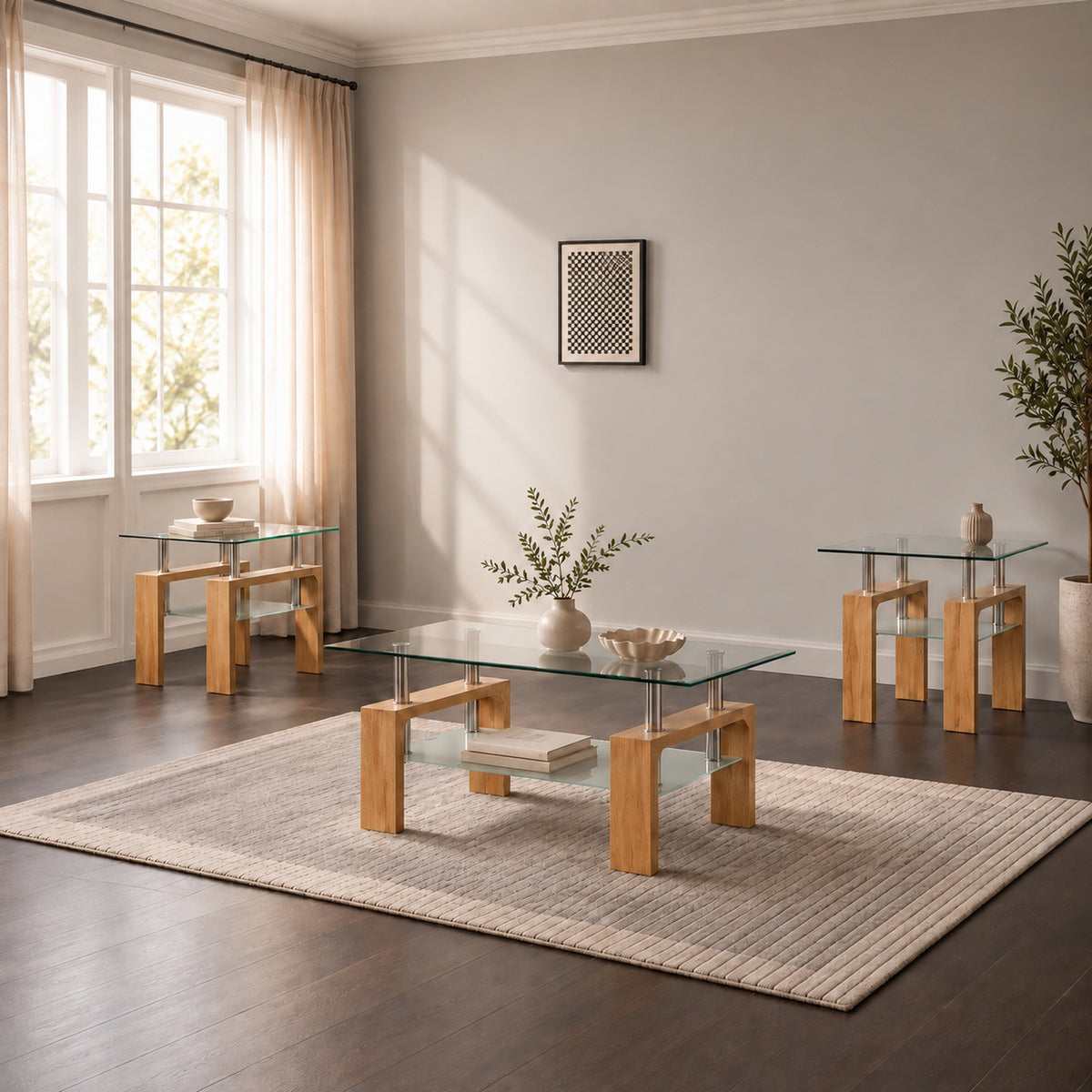Light natural wood 3-Piece Coffee & End Table Set in a clean minimal lifestyle setting
