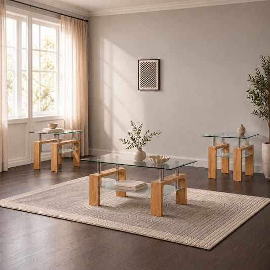 Light natural wood 3-Piece Coffee & End Table Set in a clean minimal lifestyle setting
