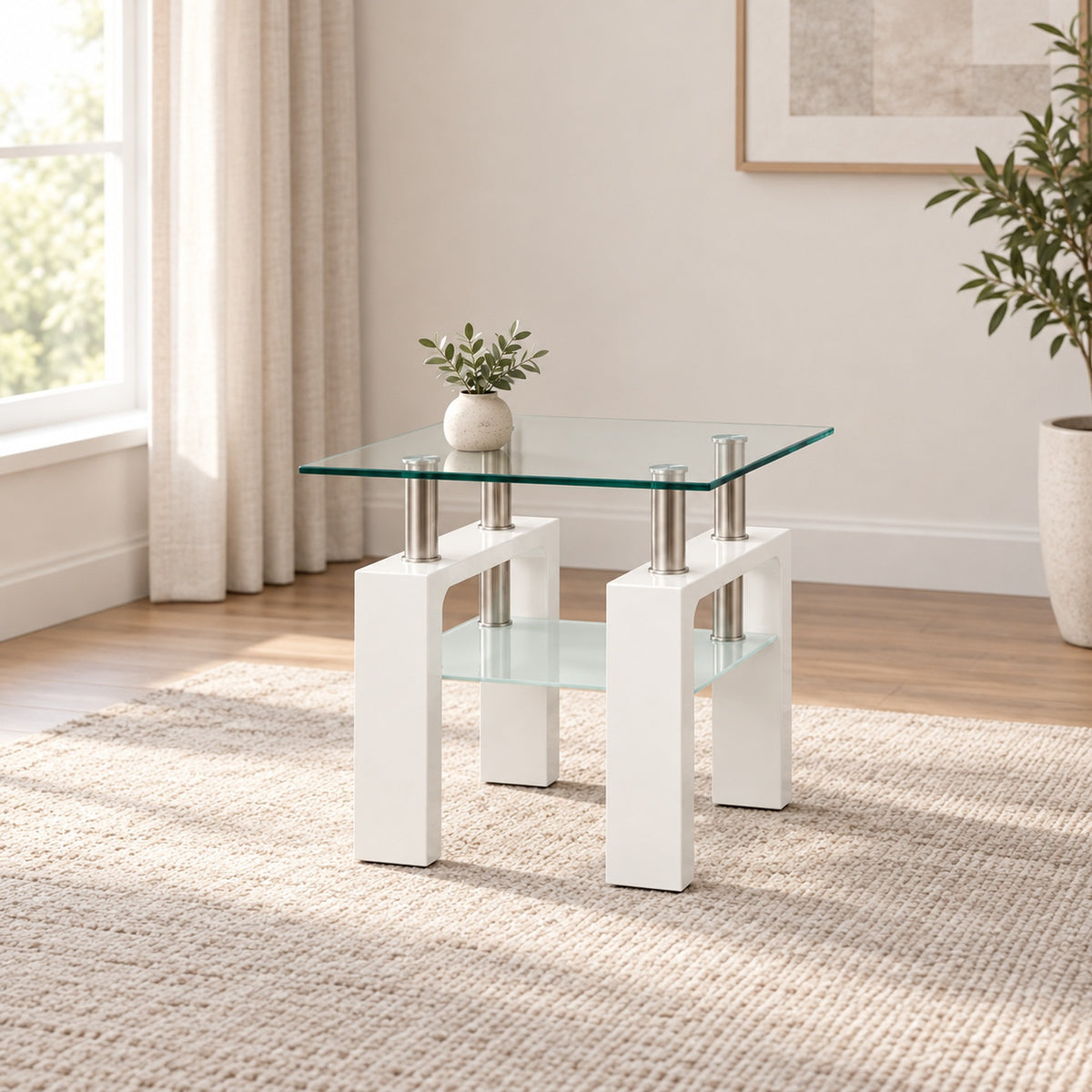 Glossy white End Table in a minimal living room