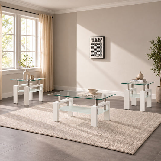 Glossy white 3-Piece Coffee & End Table Set