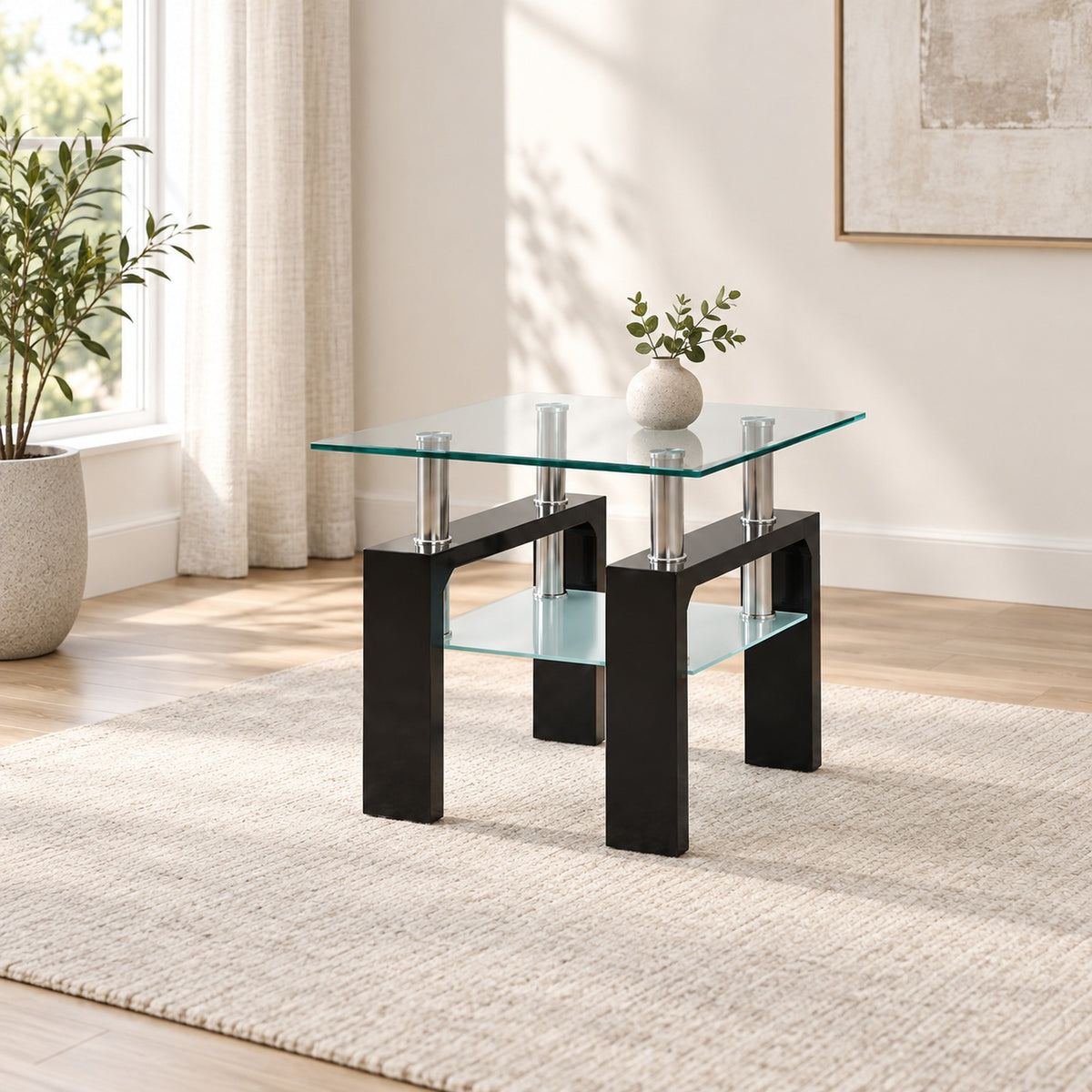 Glossy black End Table in a minimal living room