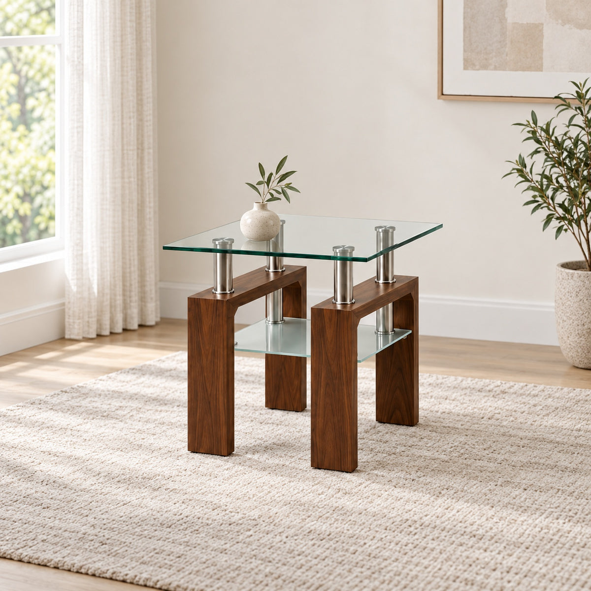 Walnut brown End Table in a minimal living room