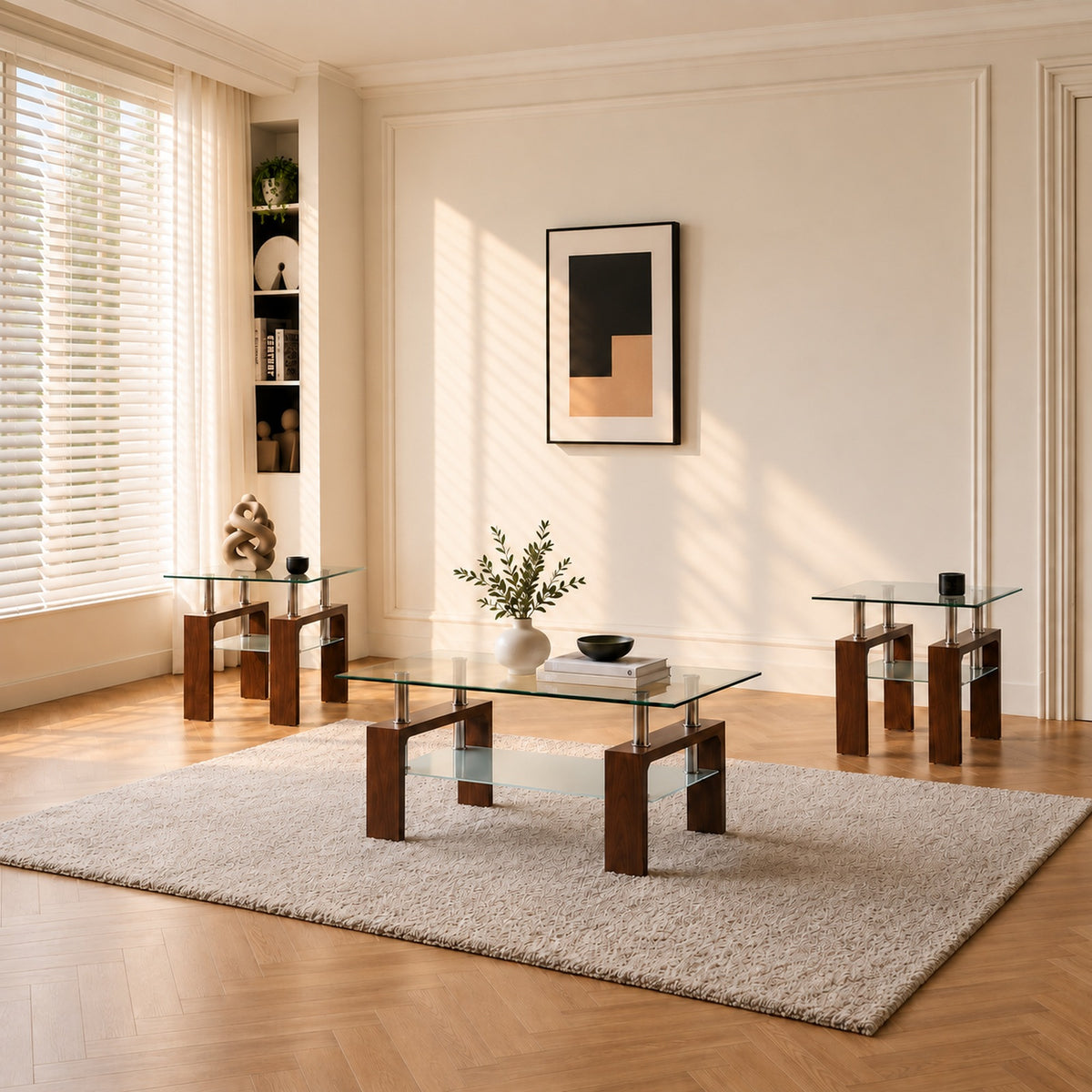 Walnut brown 3-Piece Coffee & End Table Set in a clean minimal lifestyle setting