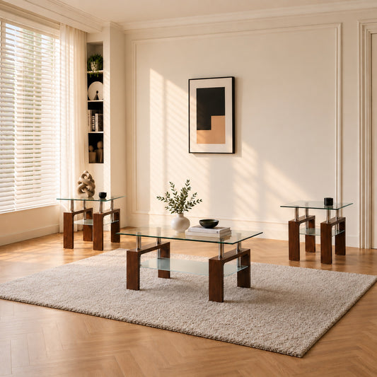 Walnut brown 3-Piece Coffee & End Table Set in a clean minimal lifestyle setting