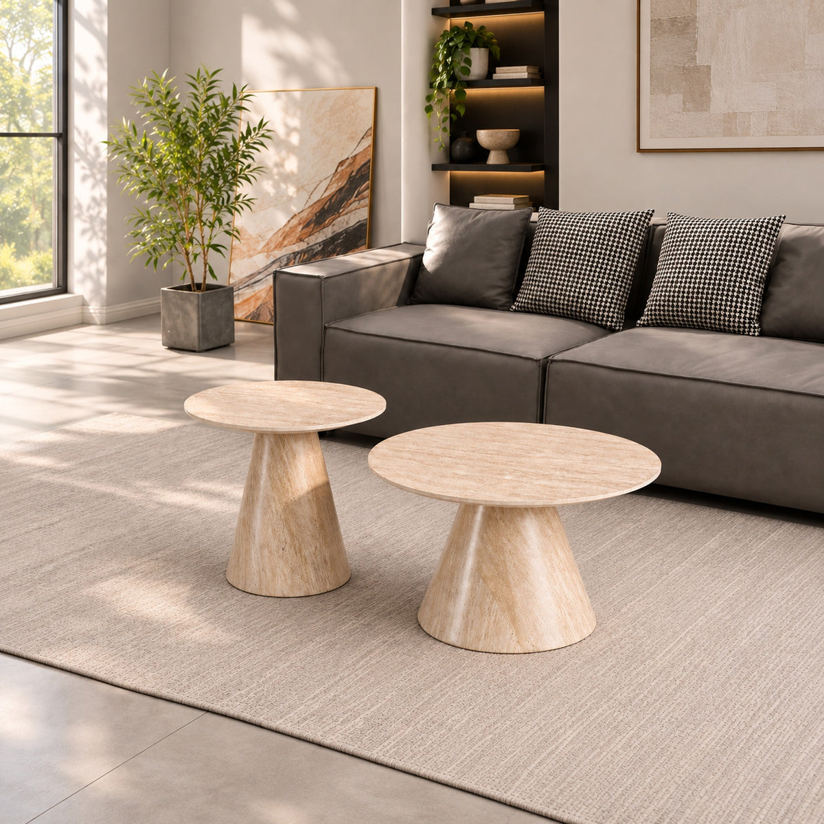 2-Piece Light Travertine Stone Nesting Coffee Table Set
