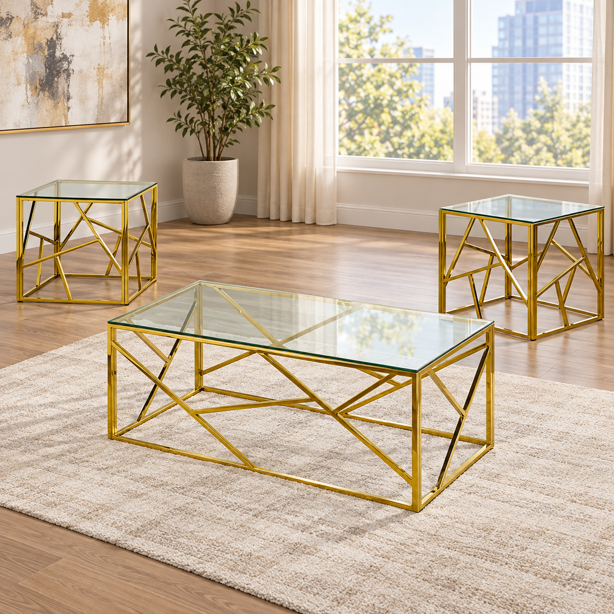 Clear Tempered Glass 3-Piece Coffee & End Table Set with Gold Frame