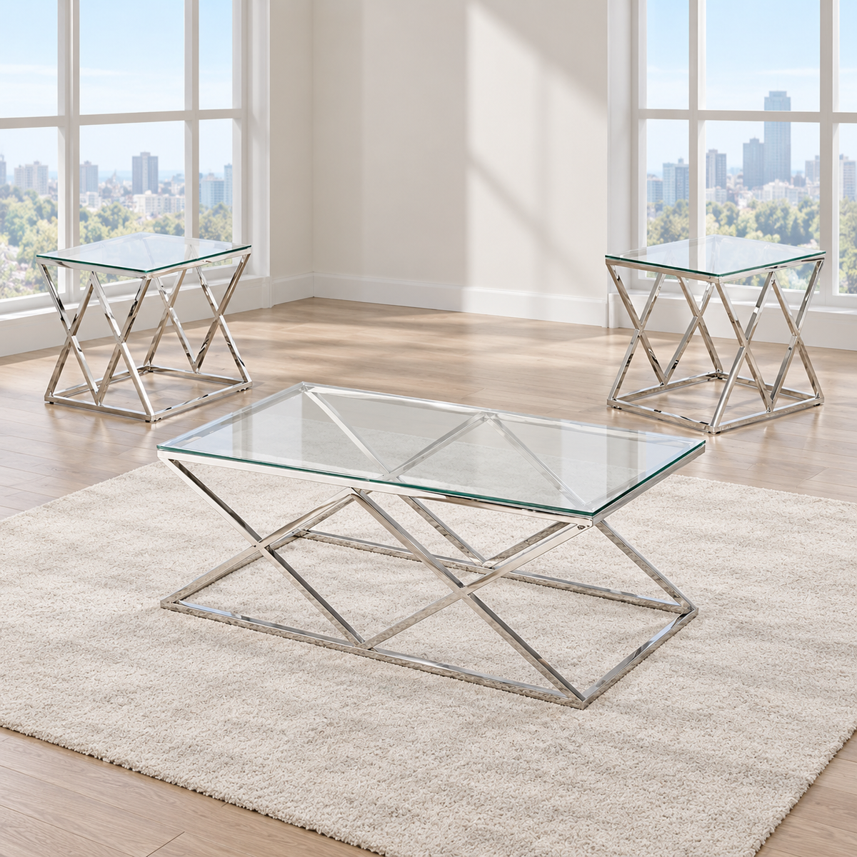 Glass 3-Piece Coffee & End Table Set with Stainless Steel Legs