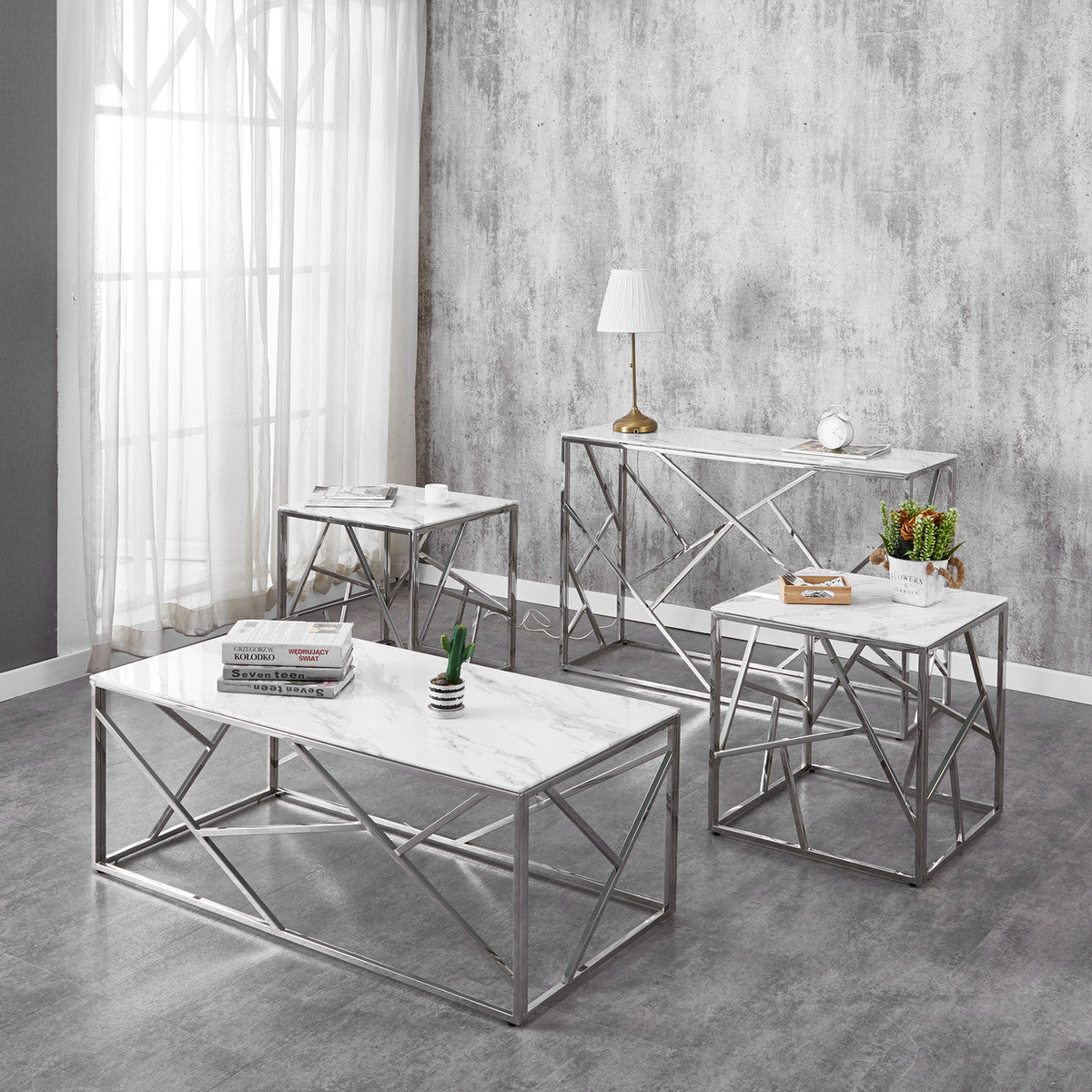 White Marble-Look Glass 3-Piece Coffee & End Table Set with Chrome Legs