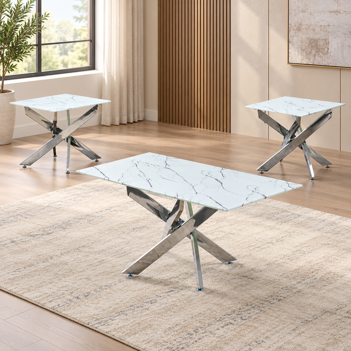 White Marble-Look Glass 3-Piece Coffee & End Table Set with Stainless Steel Legs