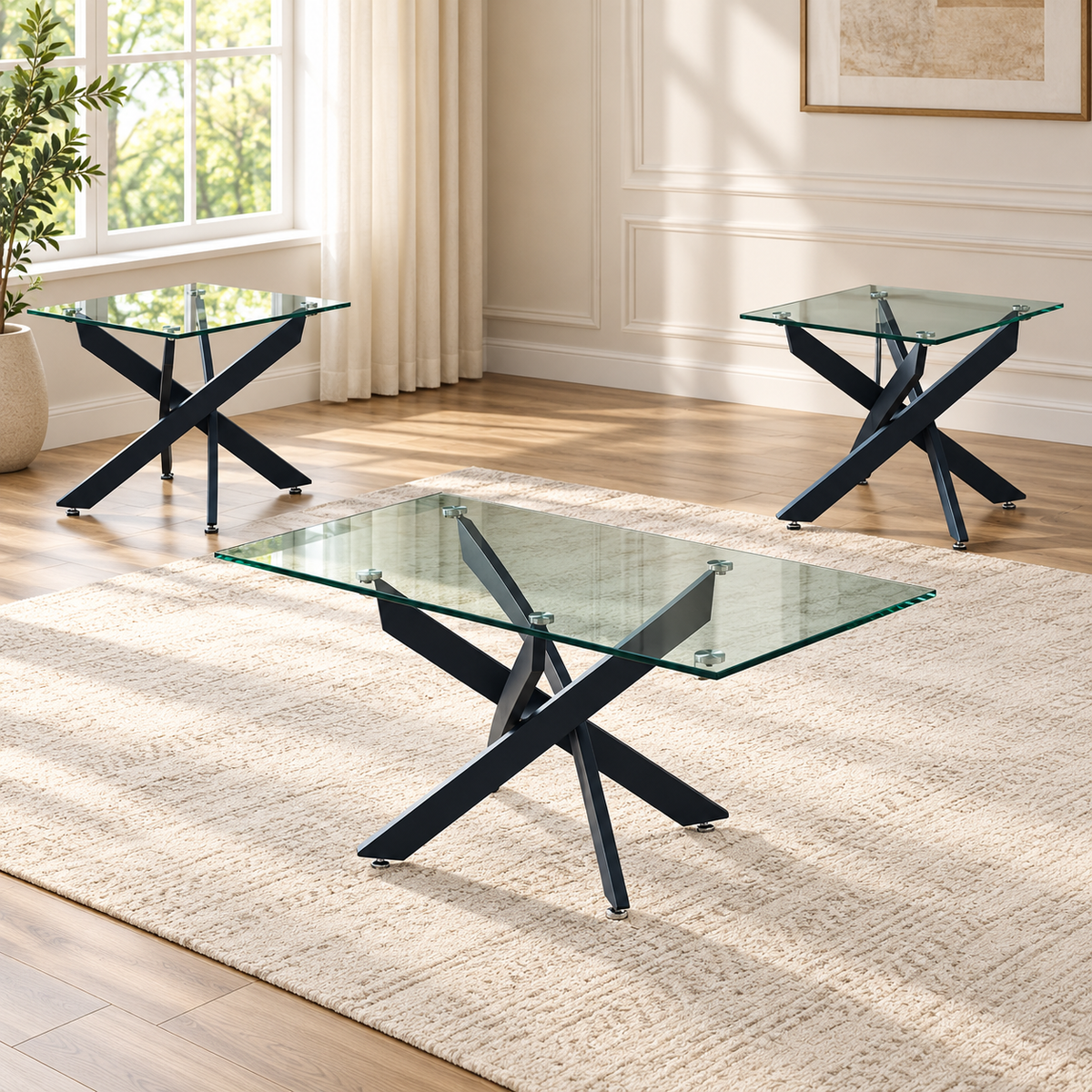Clear Glass 3-Piece Coffee & End Table Set with Black Metal Legs