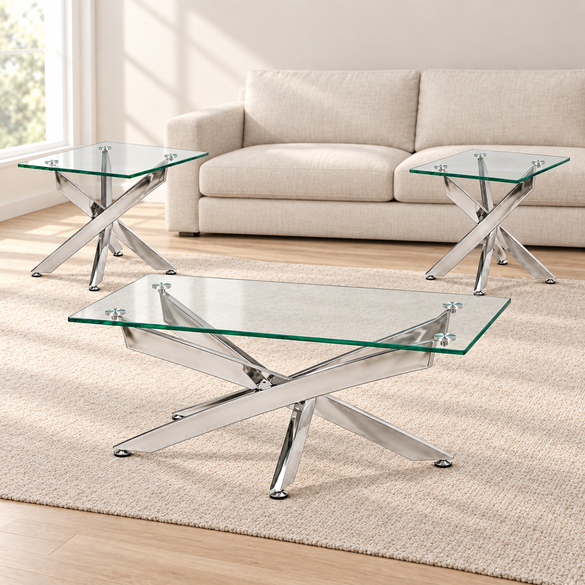 Contemporary Glass 3-Piece Coffee & End Table Set with Stainless Steel Legs