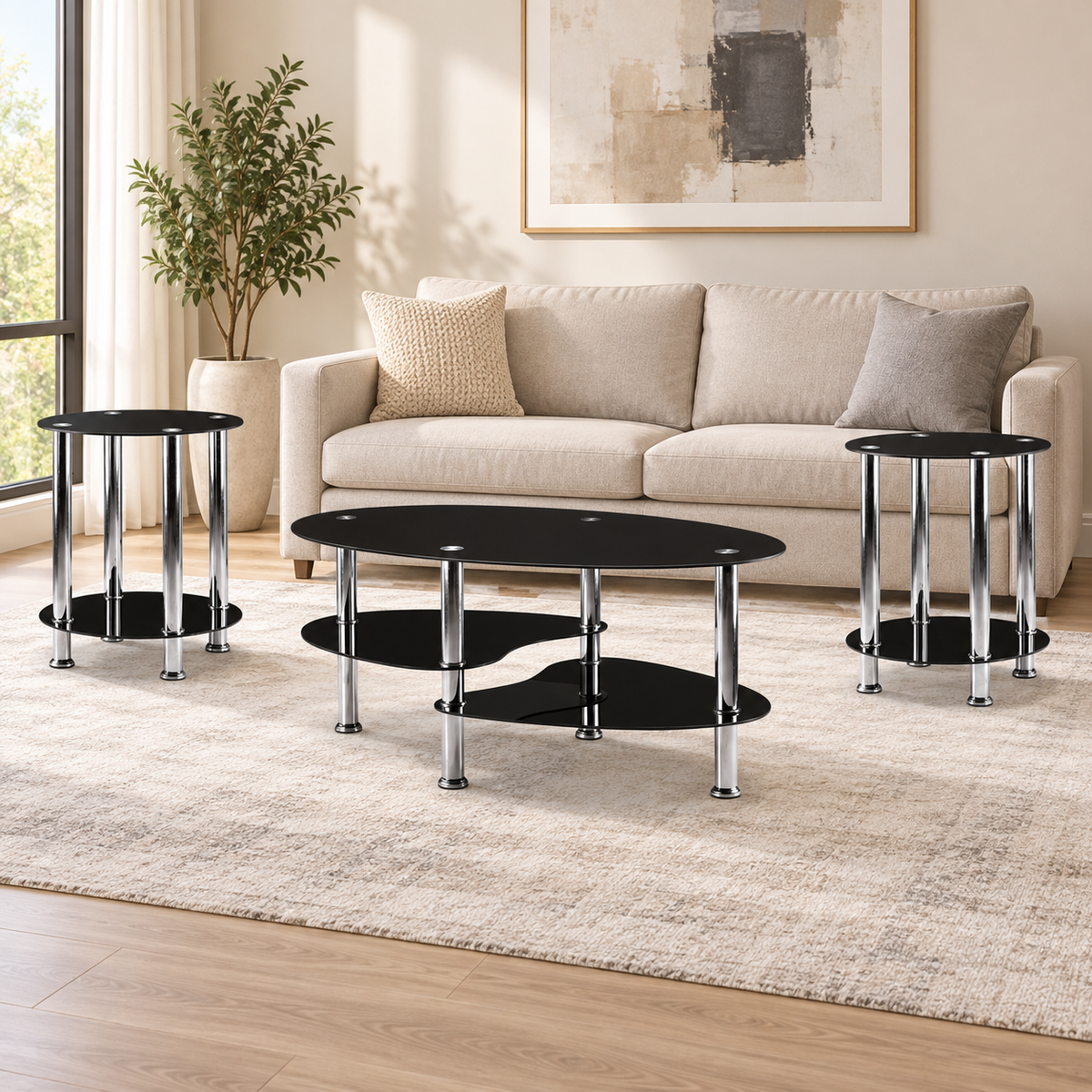 Tempered Glass 3-Piece Coffee & End Table Set with Chrome Legs