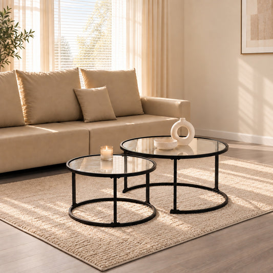 2-Piece Black Glass Nesting Coffee Table Set in a clean minimal lifestyle setting