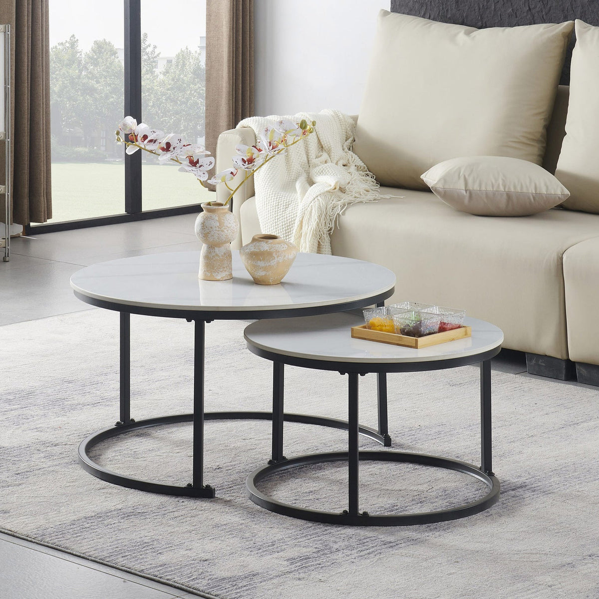 2-Piece Snowy White Sintered Stone Nesting Coffee Table Set
