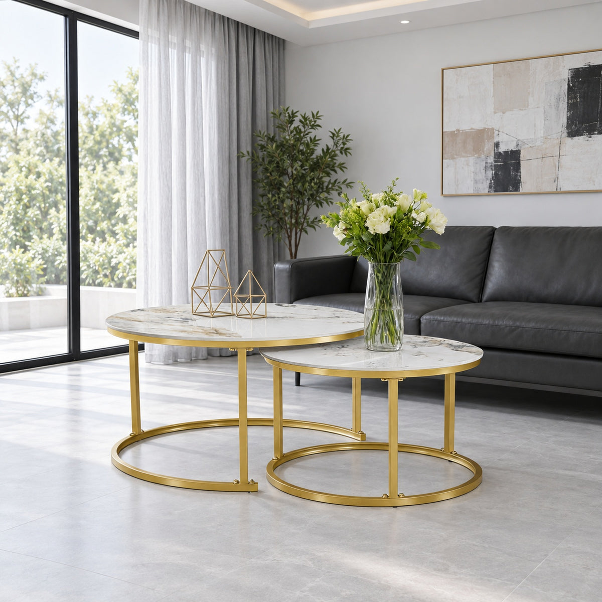 2-Piece Pandora Stone Nesting Coffee Table Set with Gold Base
