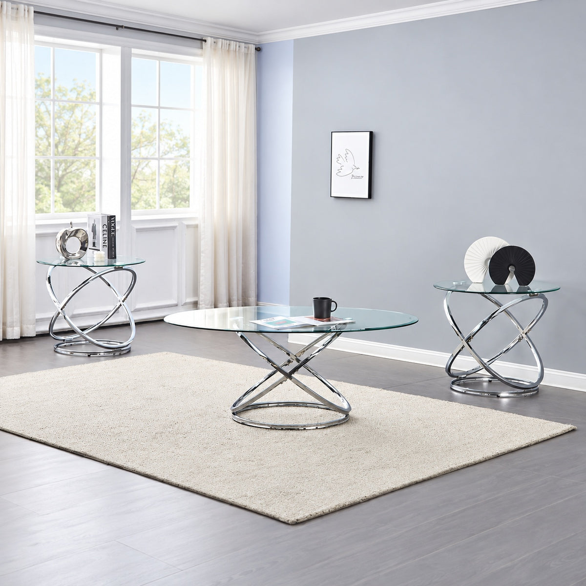 3-Piece Oval Clear Glass Coffee & End Table Set with Chrome Ring Bases