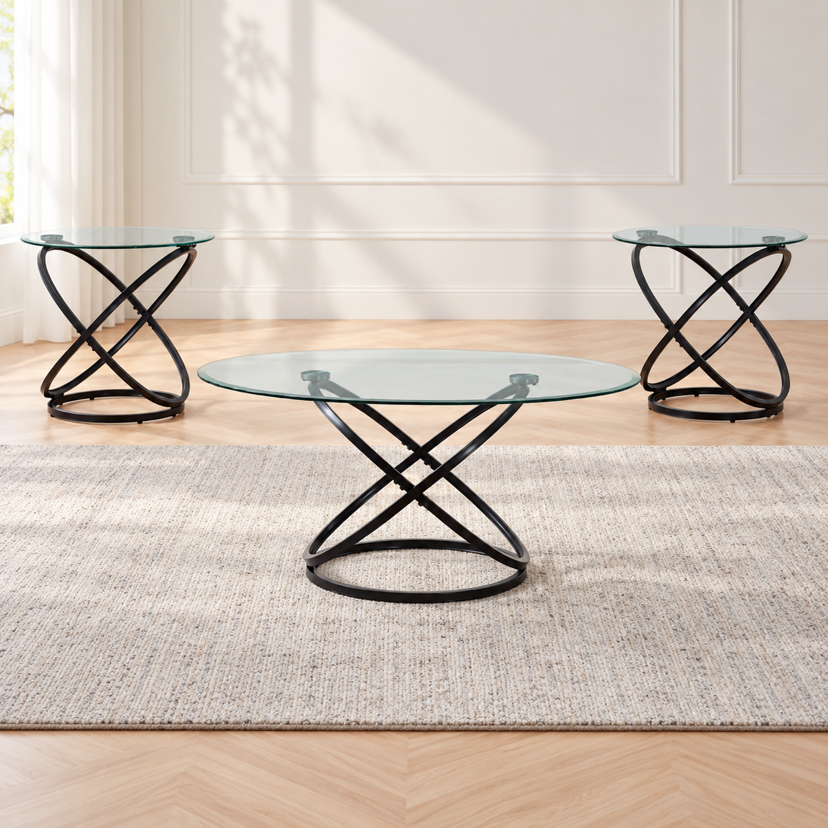 Modern 3-Piece Tempered Glass Coffee & End Table Set with Black Steel Base