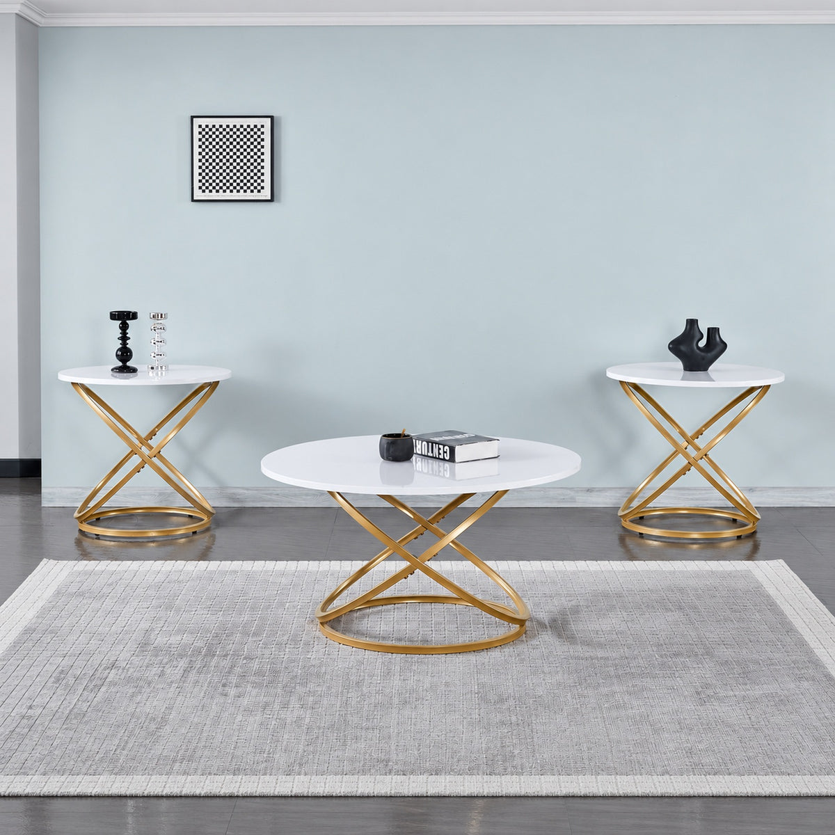 3-Piece Oval White Coffee & End Table Set with Gold Ring Bases