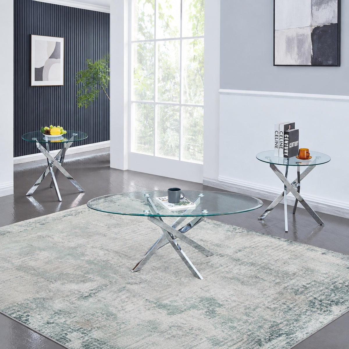 3-Piece Clear Glass Coffee & End Table Set with Chrome Cross Bases