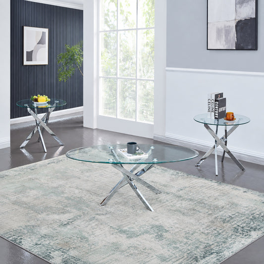 3-Piece Clear Glass Coffee & End Table Set with Chrome Cross Bases