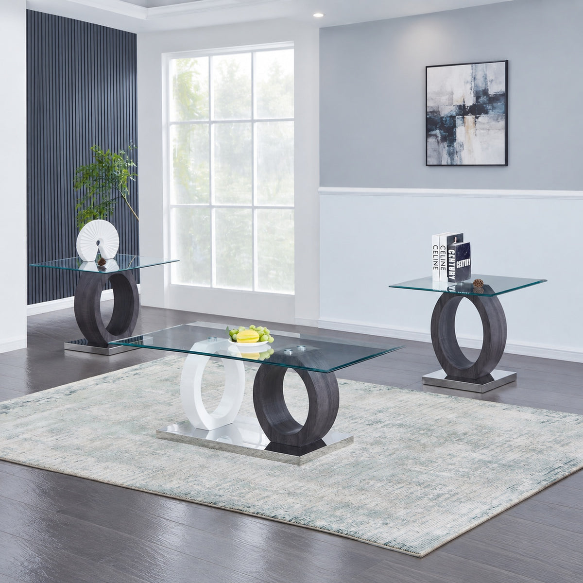 White and dark grey 3-Piece Coffee & End Table Set