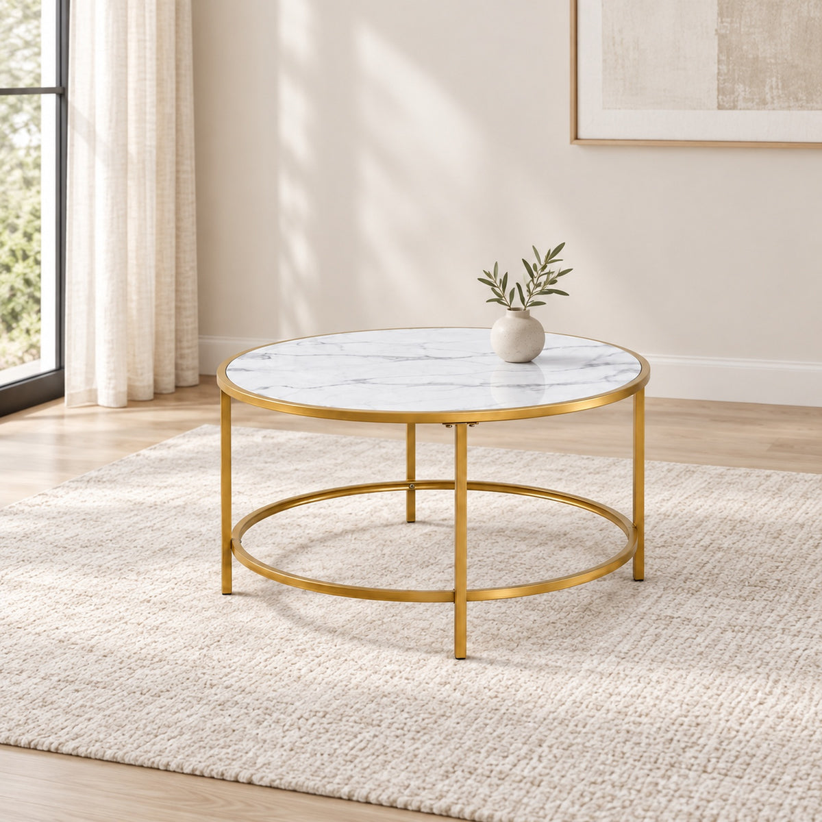 White faux marble and gold Coffee Table in a minimal living room