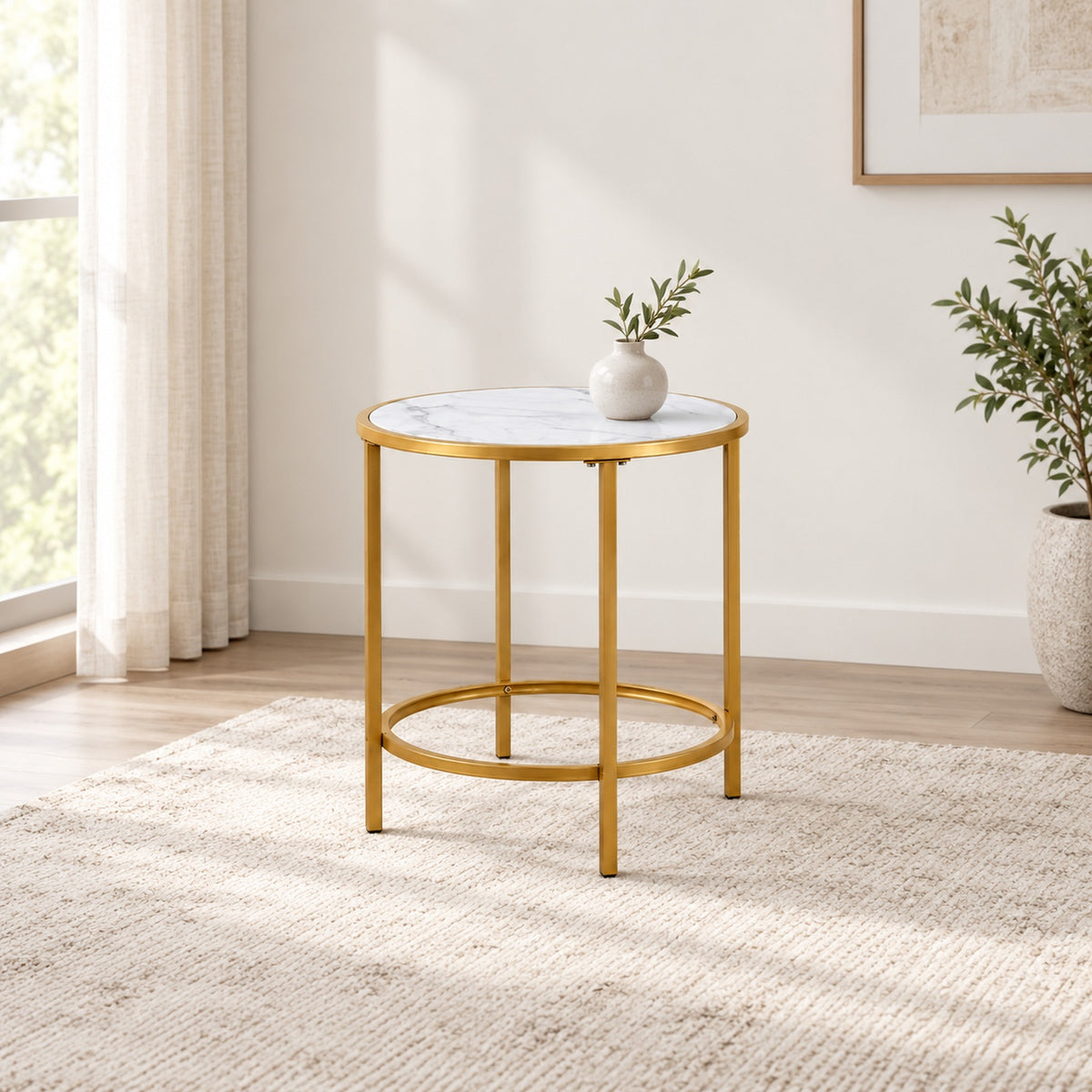 White faux marble and gold End Table in a minimal living room