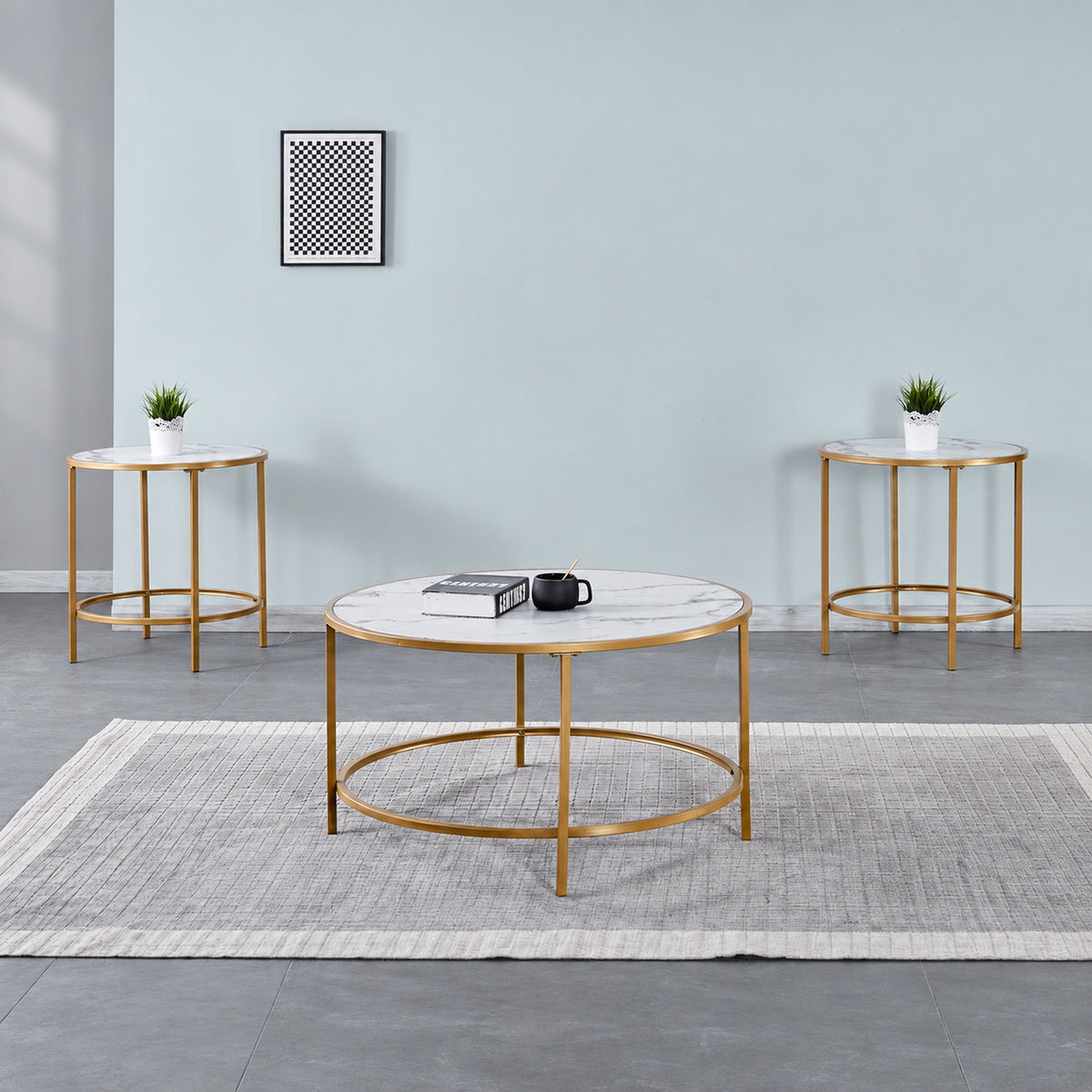 White faux marble and gold 3-Piece Coffee & End Table Set