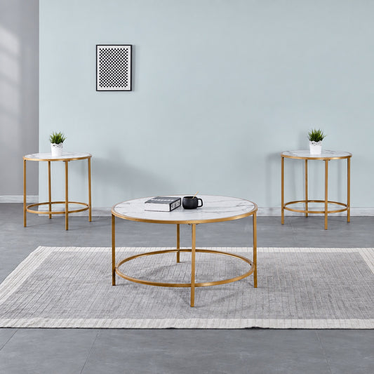 White faux marble and gold 3-Piece Coffee & End Table Set
