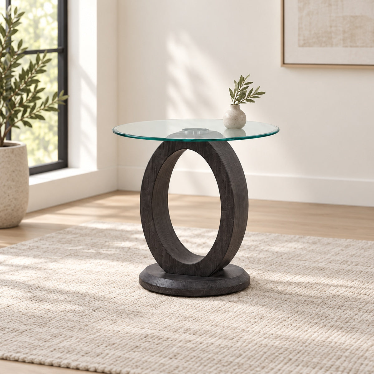 Charcoal grey wood End Table in a minimal living room