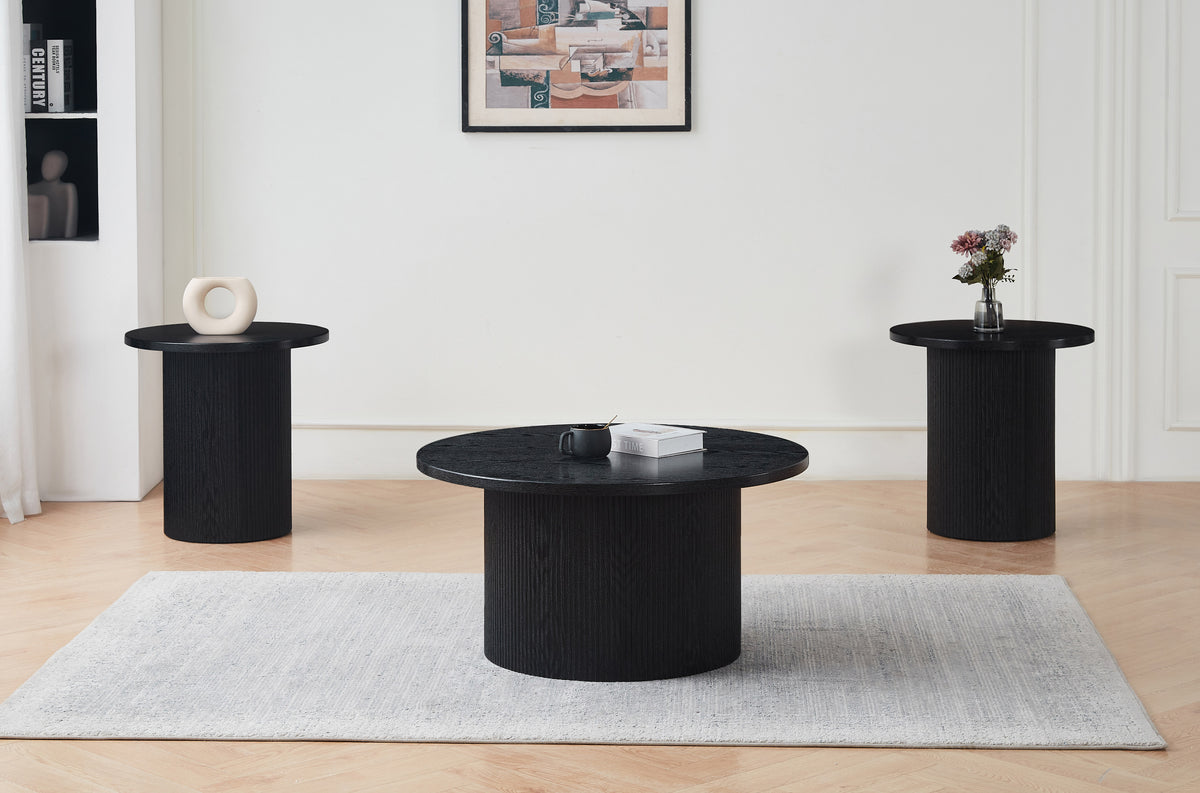 Modern Black Round Coffee Table with Fluted Pedestal Base