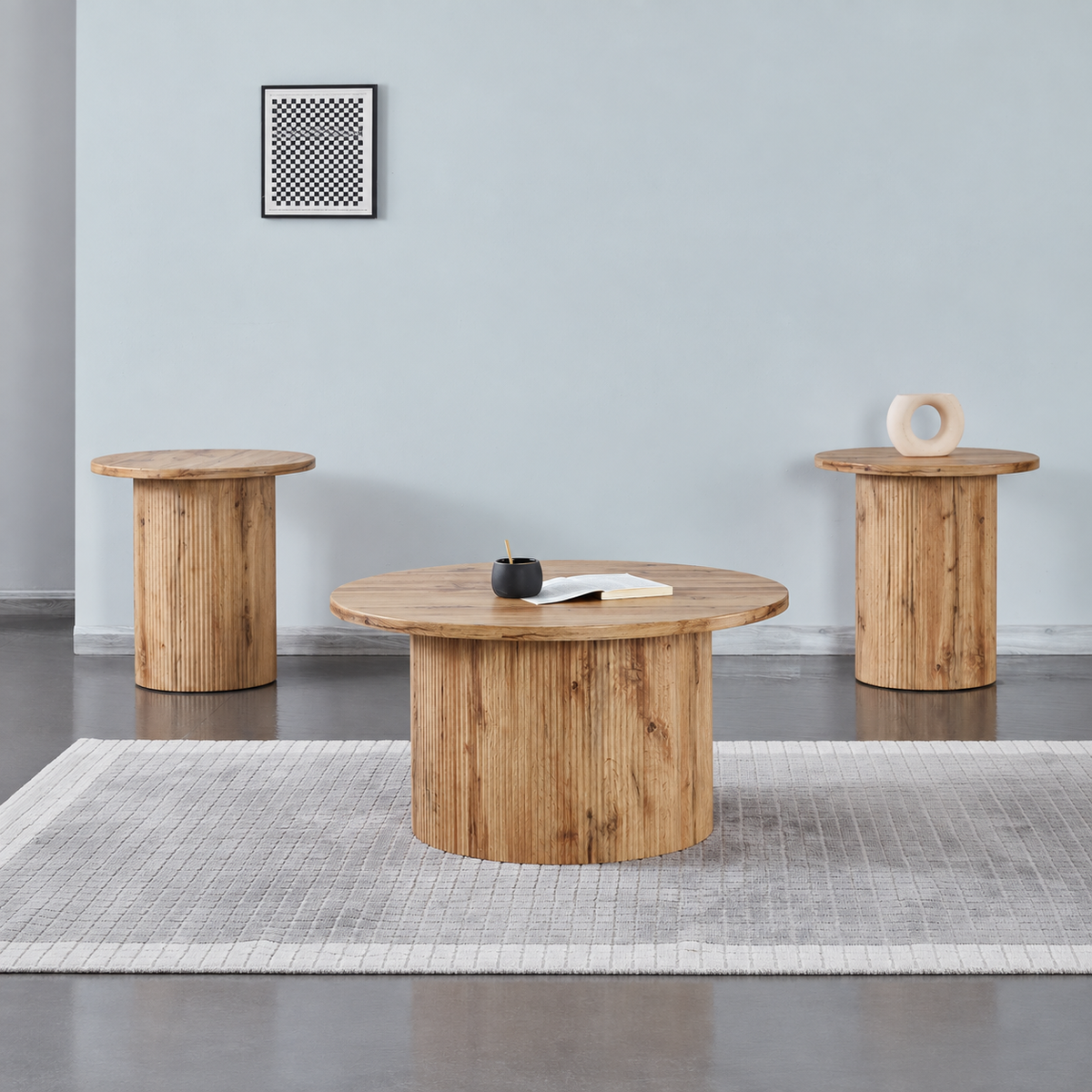 Modern Natural 3-Piece Round Coffee & End Table Set with Fluted Pedestal Bases
