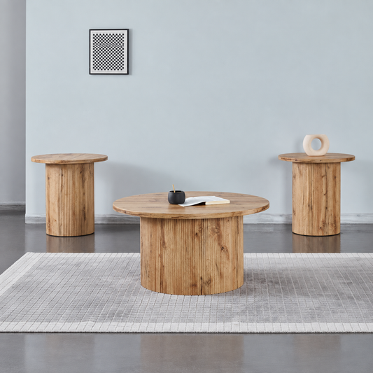 Modern Natural 3-Piece Round Coffee & End Table Set with Fluted Pedestal Bases