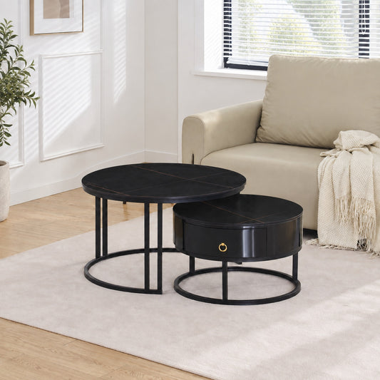 2-Piece Marquina Black Stone Nesting Coffee Table Set with Drawer in a clean minimal lifestyle setting